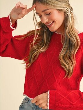 Women’s Red Diamond Cable Crewneck Sweater